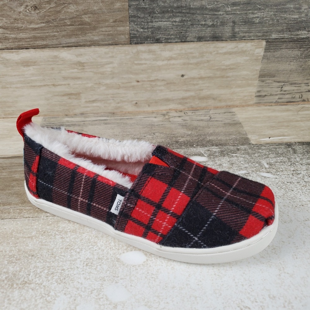 Toms Kids Girls Alpargata Shoes Sz 12.5 Red Tartan Printed Felt Faux Fur Slip On